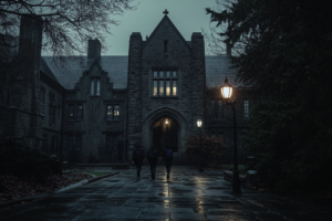 An image of a gothic university at dusk. The image is dark and moody and illuminated by two lanterns. The ground is wet as if it has been raining. Three dark figures walk toward the entrance of the school.