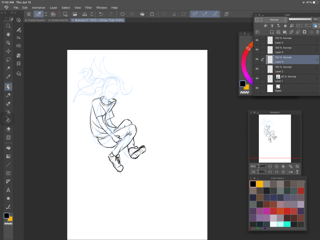 A screenshot of a drawing program with a half-finished line art drawing of a slender teenage boy falling through space