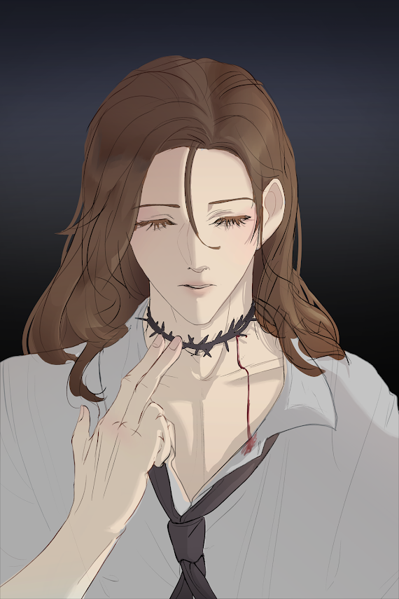 An illustrated image of a Caucasian youth with light brown hair, long eyelashes, blushing cheeks, and delicate features. They are wearing an open collared shirt with a loosened black tie, and there is a necklace of thorns around their throat. A single line of red blood is dripping from their throat to stain the collar of their shirt, and they are touching the necklace of thorns with two fingers.